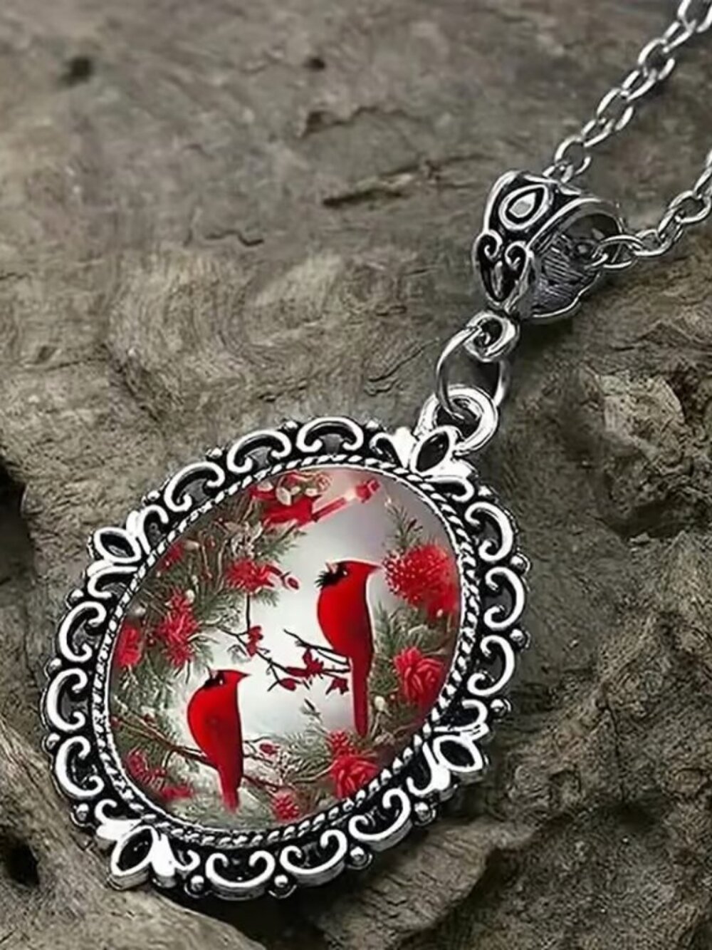 Silver Antique Style CARDINAL Red Bird Pendant Necklace